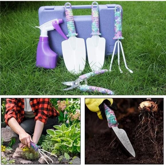 Gardening Tools,5 Pieces Garden Tools with Floral Print, Ergonomic Handle Trowel - Picture 2 of 8